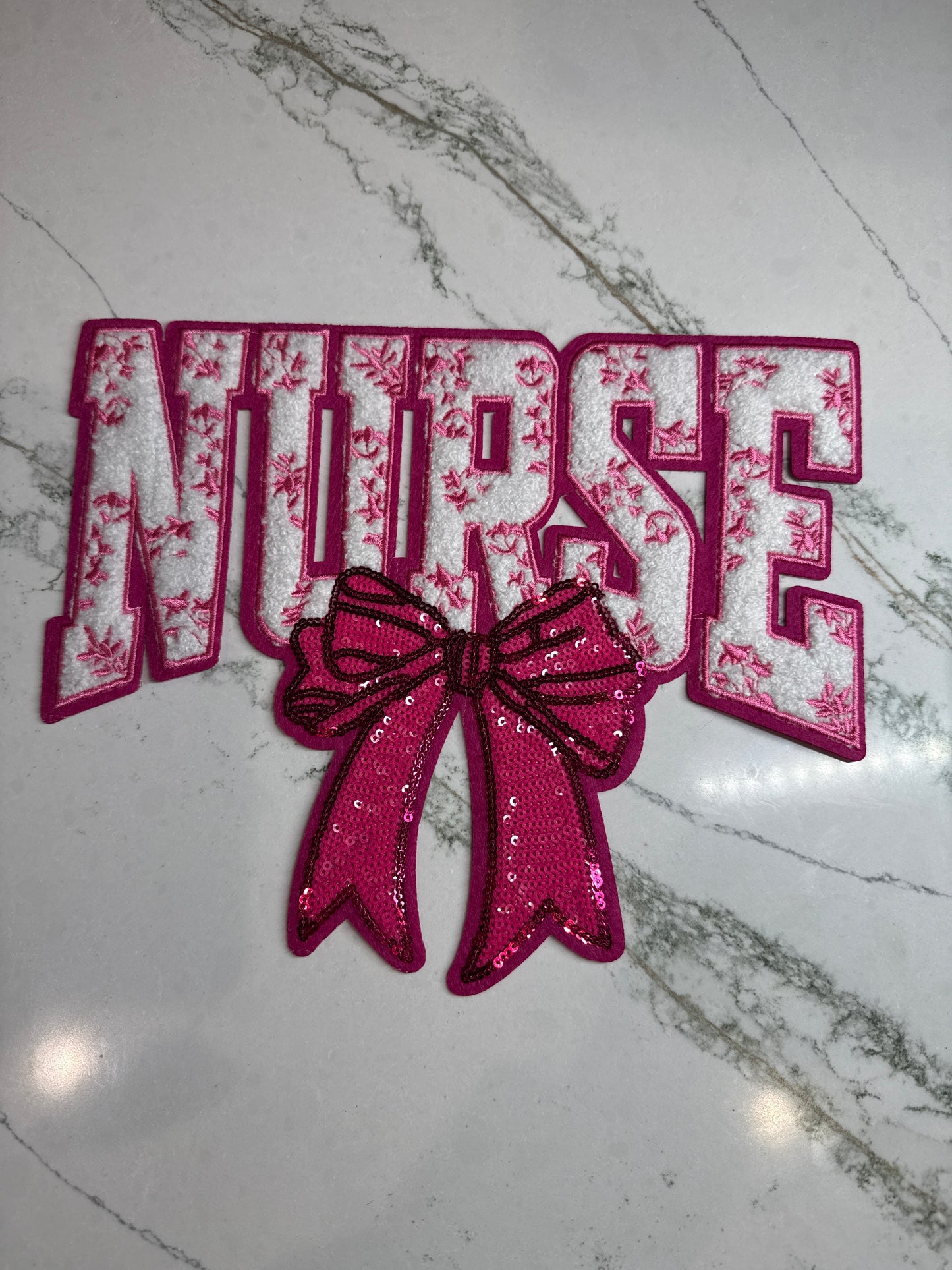 Nurse w/Pink Sequin Bow Chenille Patch Large