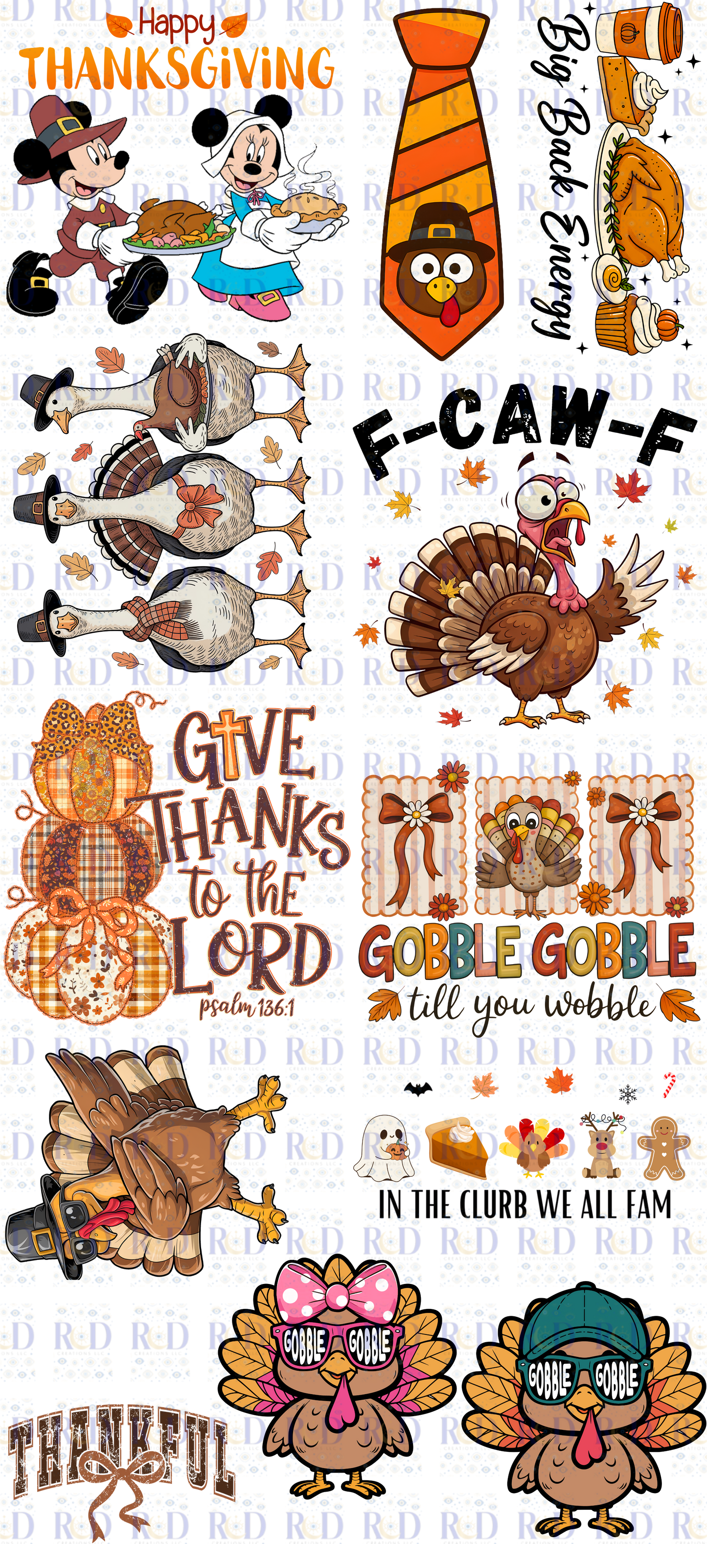 $25 Thanksgiving Gang Sheet RTS DTF Prints - 8 adult 4 Youth prints