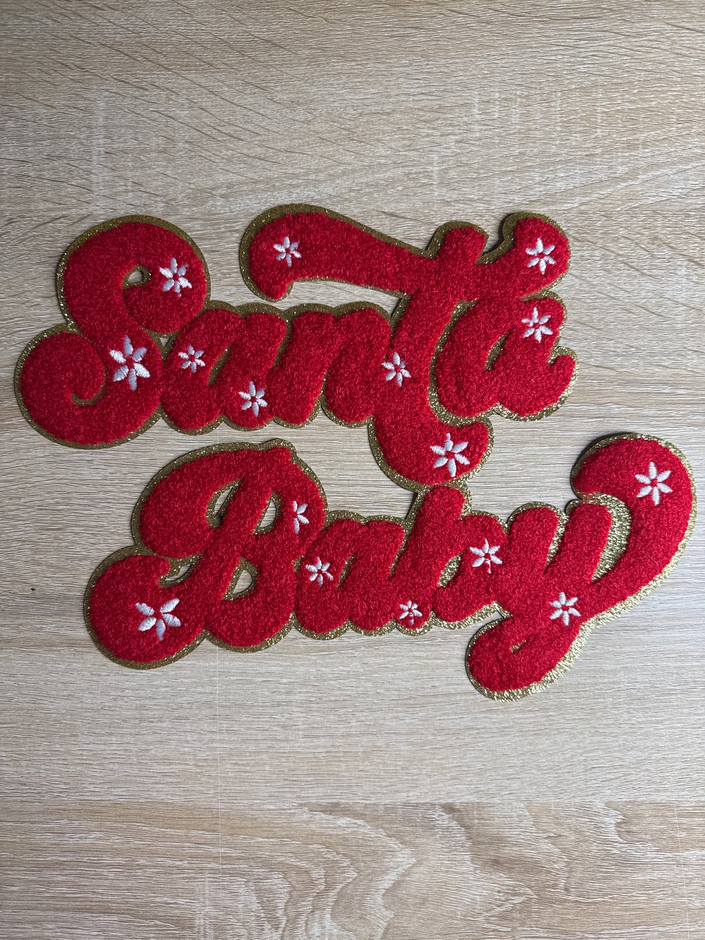 Parche termoadhesivo de chenilla con diseño de Papá Noel y bebé, color rojo y dorado con copos de nieve, para ropa, bordado navideño, DIY