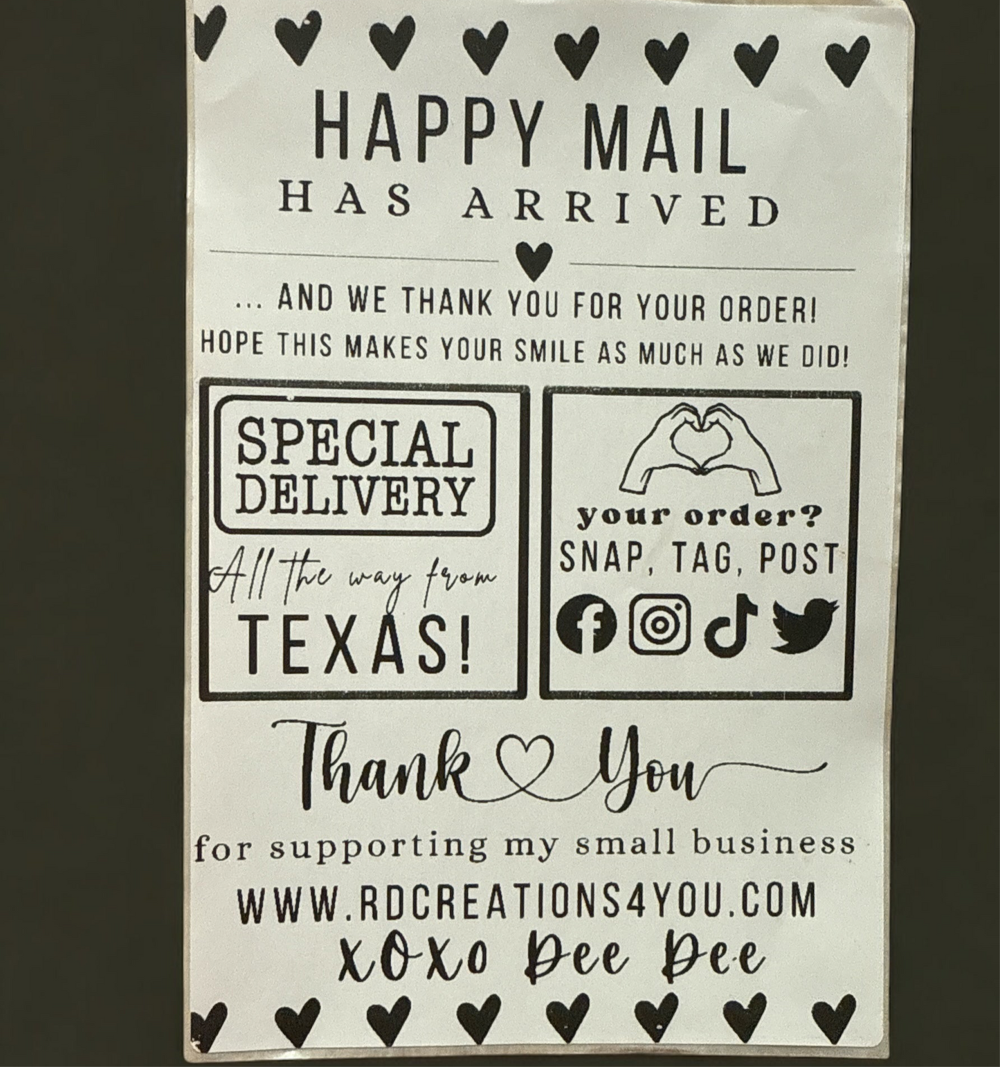 100 Custom 4x6 Happy Mail Thermal Labels- Add your state, website/fb/insta link and your name.