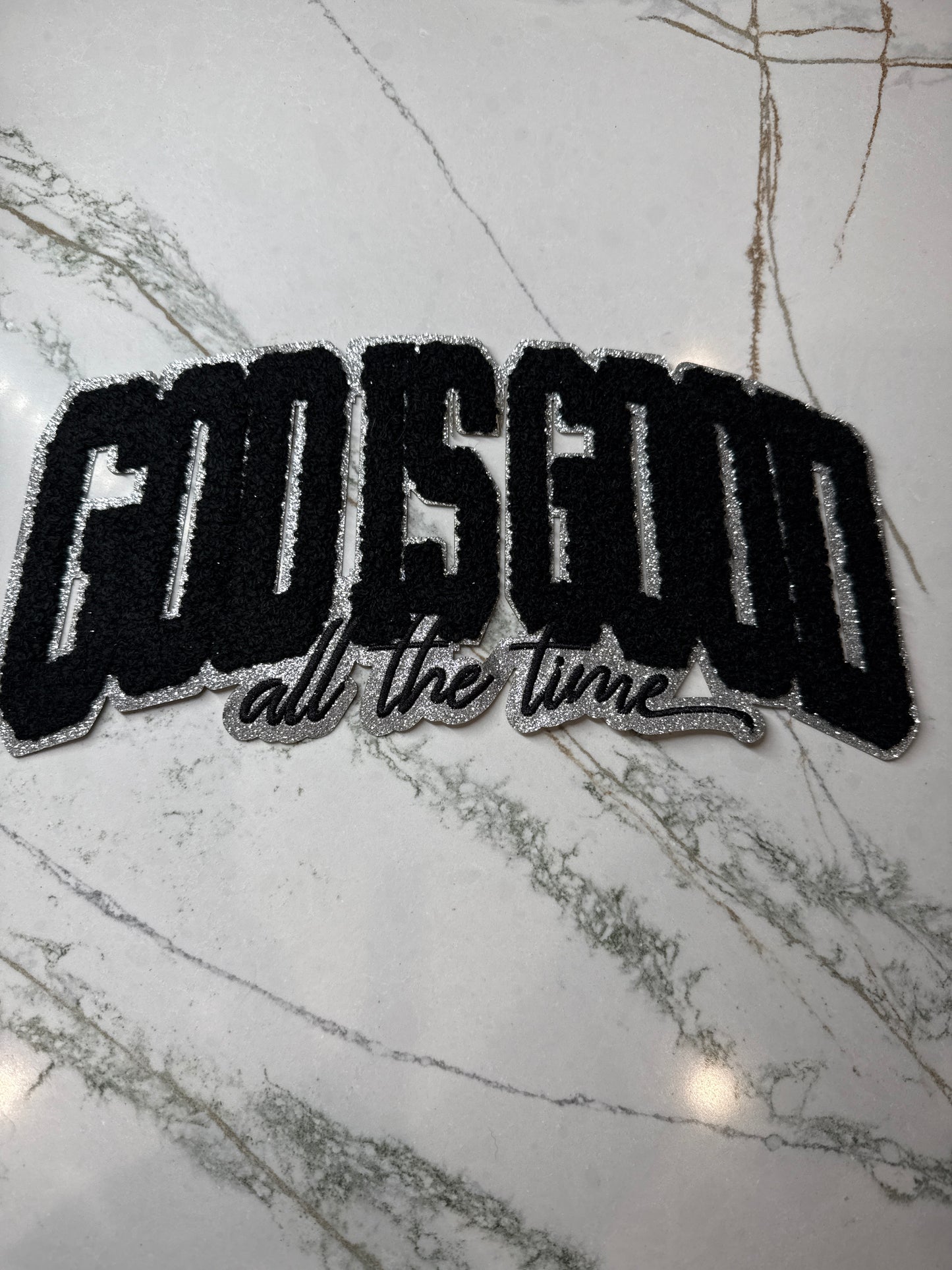 Black God Is Good All The Time Chenille Iron On Patch Large