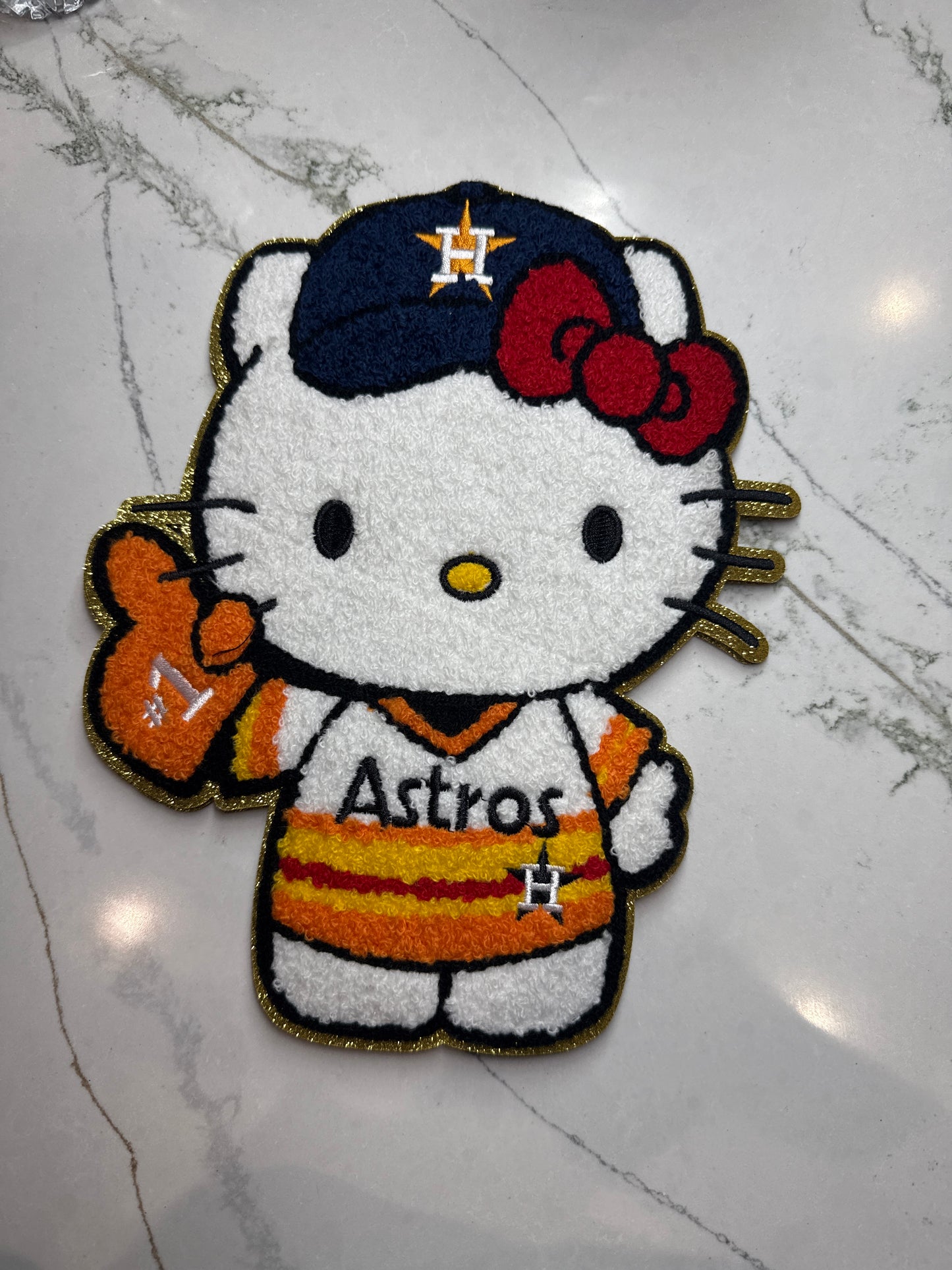 Parche de chenilla grande de Hello Kitty de los Astros naranjas