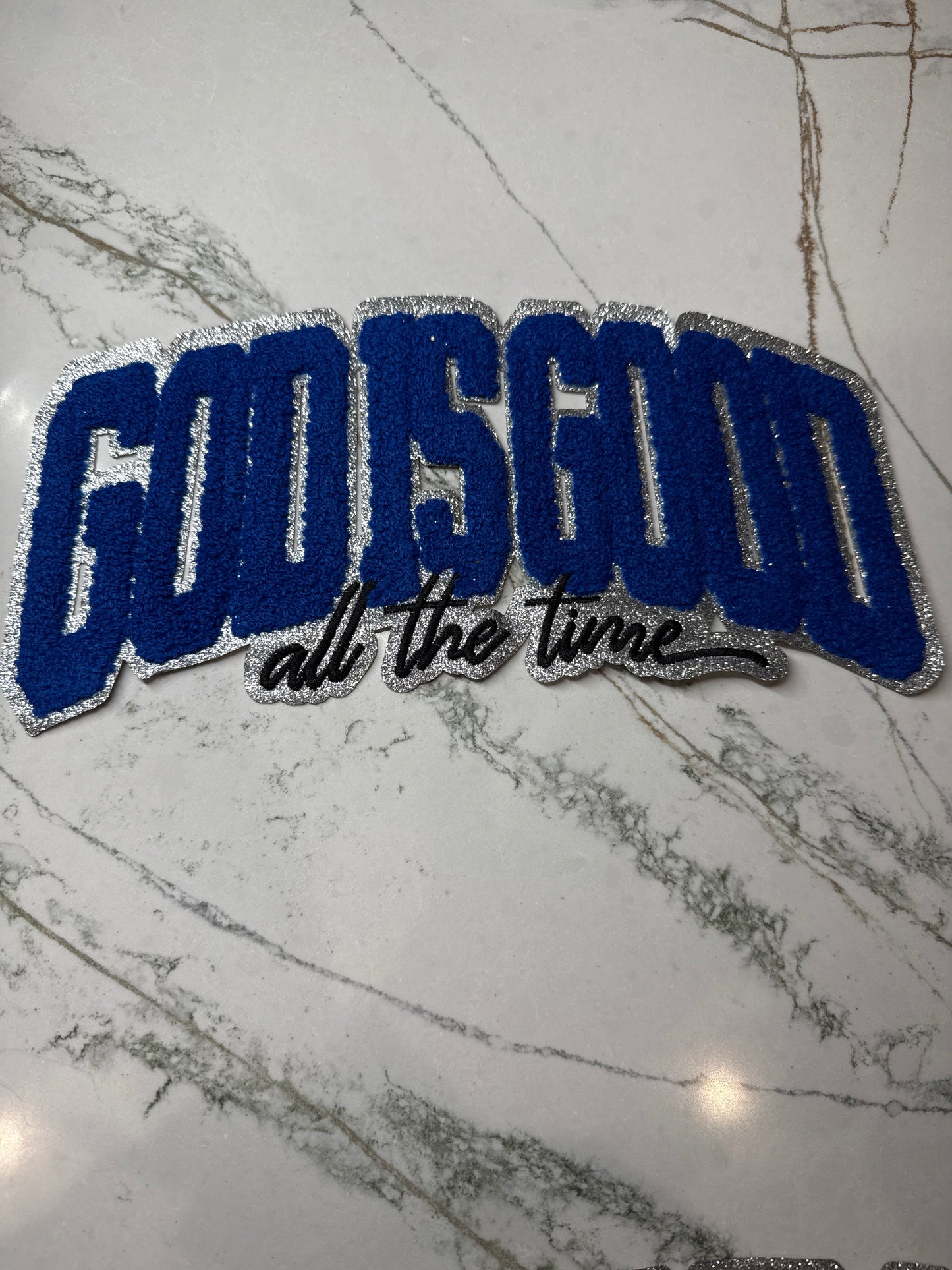Blue God Is Good All The Time Chenille Iron On Patch Large