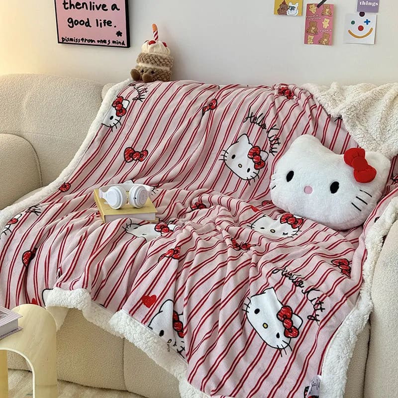 Manta de felpa de lana de cordero súper suave de Hello Kitty, 150 cm x 200 cm, rayas rojas