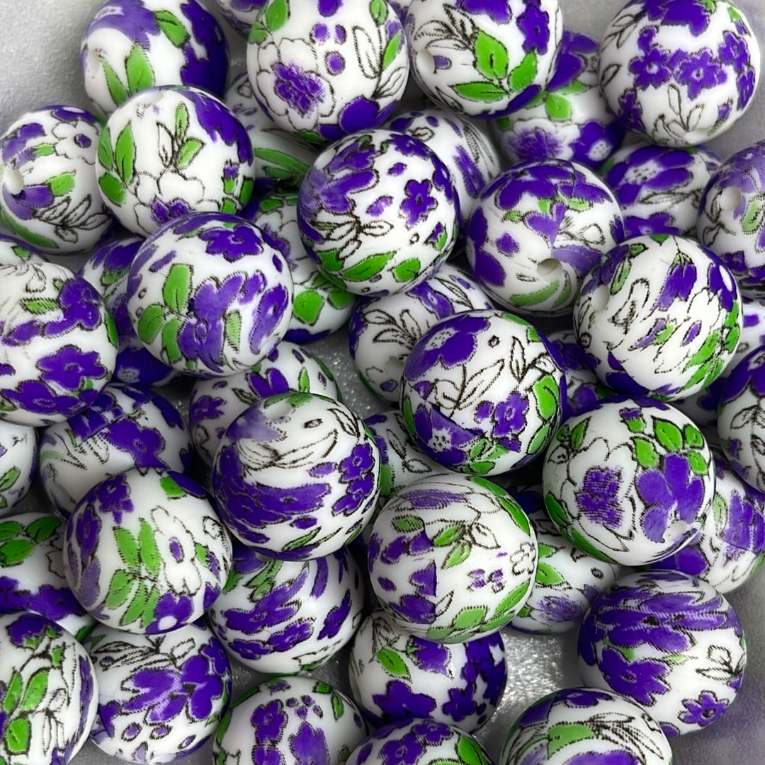 P27 15mm 10 pk Purple Daisy Print Silicone Beads-Catalog P02-55