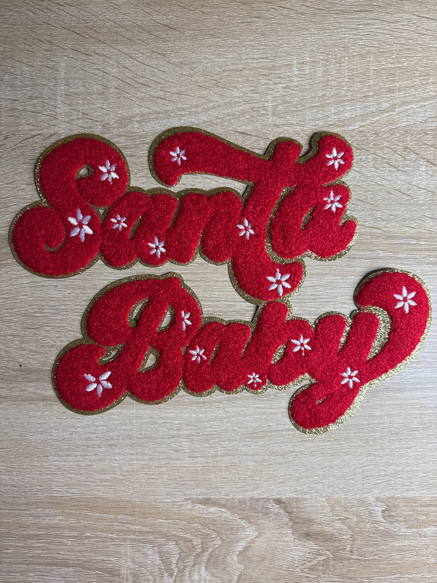 Red/Gold w/snow flakes 1pc Santa Baby Chenille Christmas Embroidery Iron On Patch For Clothes Applique DIY Iron On  Clothes Sticker