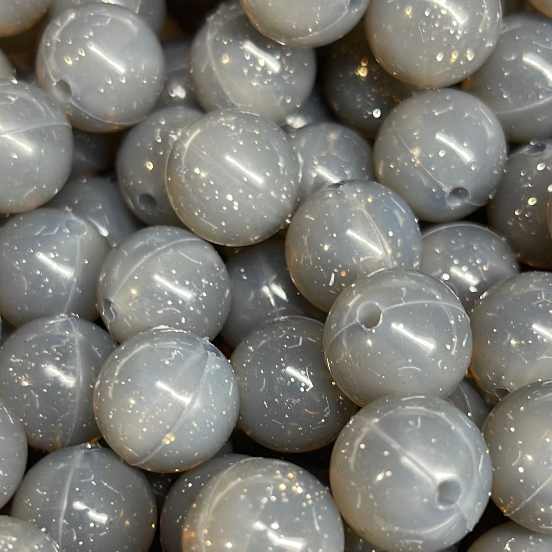 P60 Glitter Ash Grey 15mm 10 pk Silicone Beads