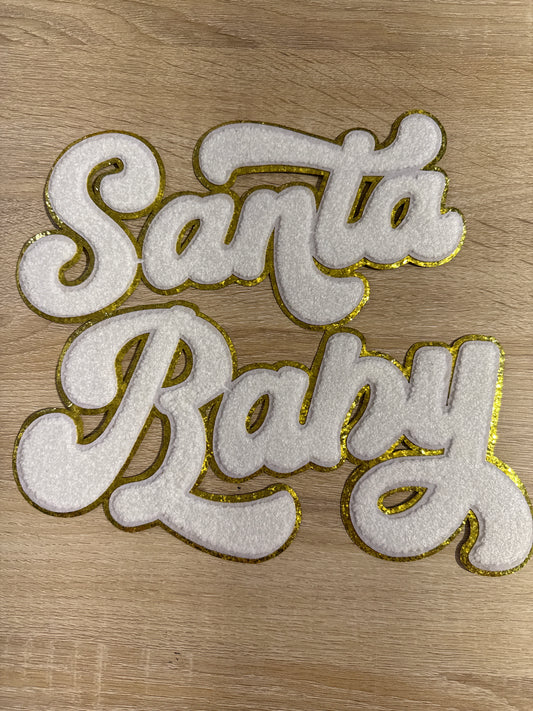 White/Gold 1pc Santa Baby Chenille Christmas Embroidery Iron On Patch For Clothes Applique DIY Iron On  Clothes Sticker