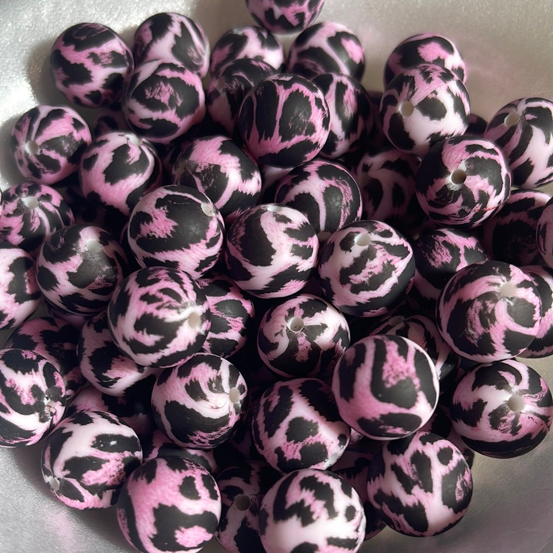 P12 15mm 10 pk Pink Cheetah Silicone Beads Print-Catalog P03-69