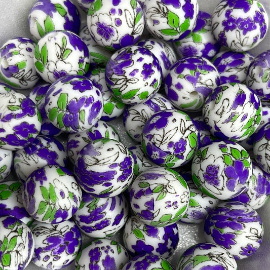 P27 15mm 10 pk Purple Daisy Print Silicone Beads-Catalog P02-55