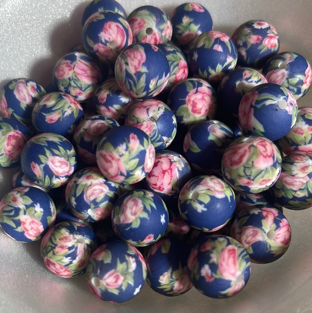 P19 15mm 10 pk Blue Floral Beads Print-Catalog P03-88