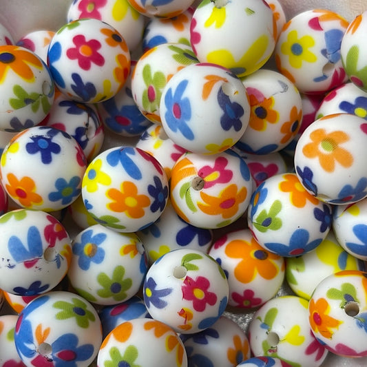 P5 15mm 10 pk Multi Daisy Print Silicone Beads-Catalog P01-28